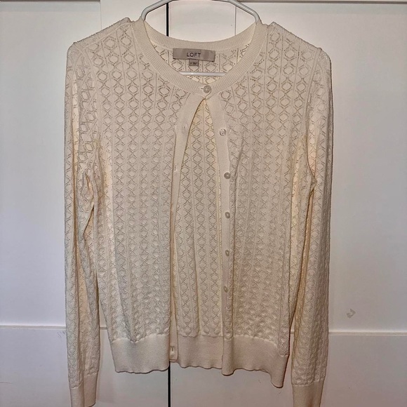 LOFT Patterned Cardigan Ivory Long Sleeve Round Neck Button Up - Picture 2 of 5